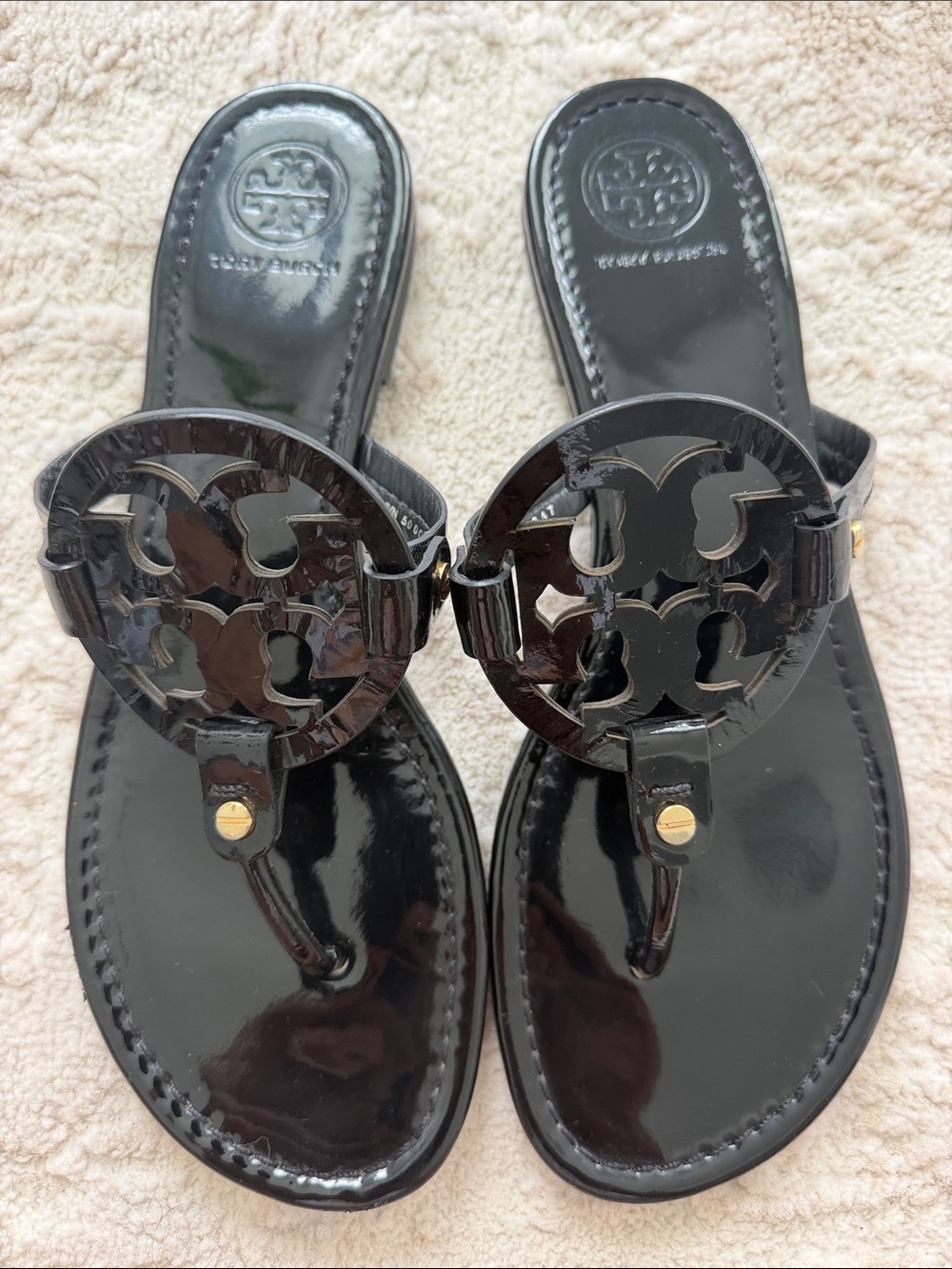 Tory Burch Black Patent Logo Thong Sandals
